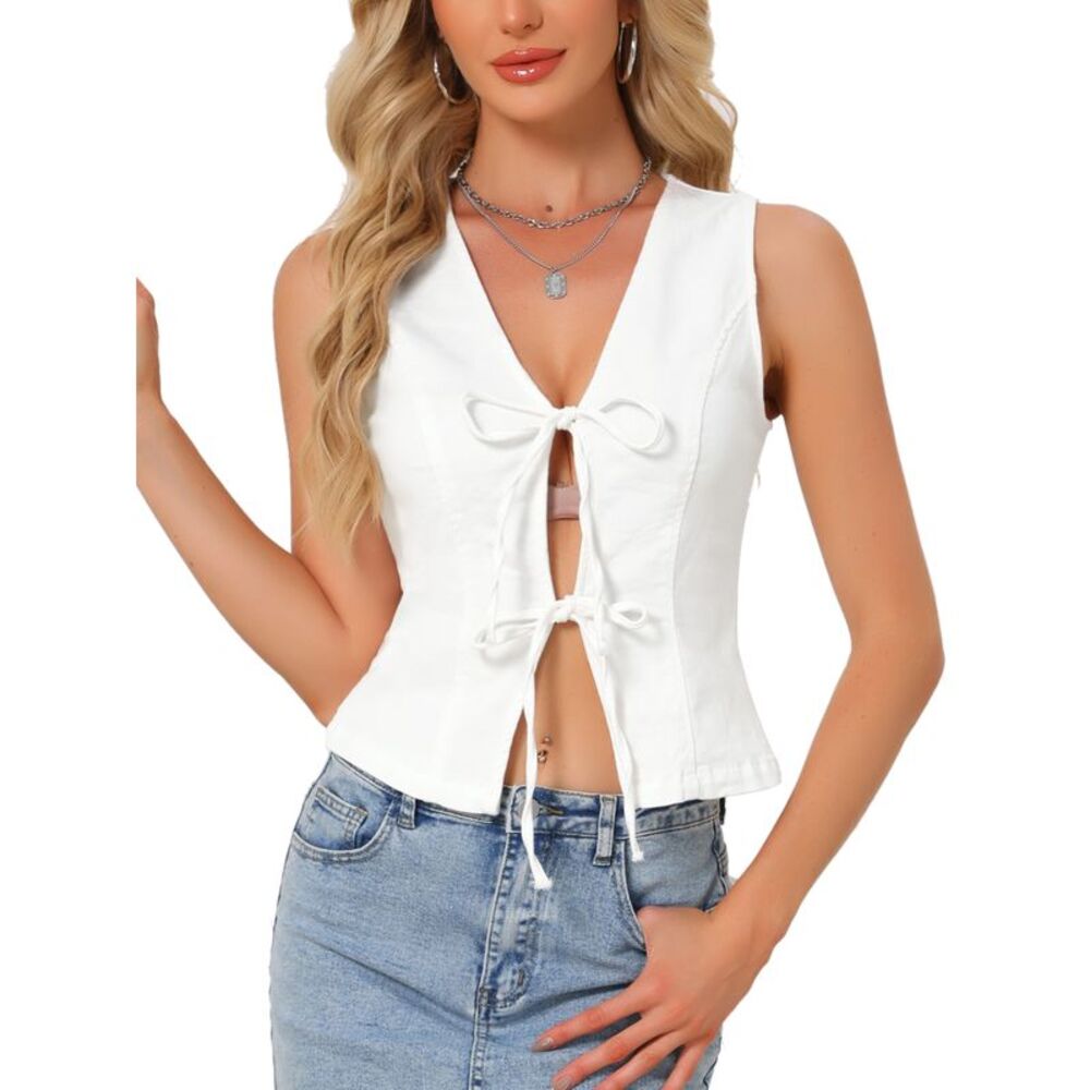 Women's Denim Vest Bow Tie Front Jean Vests Top White